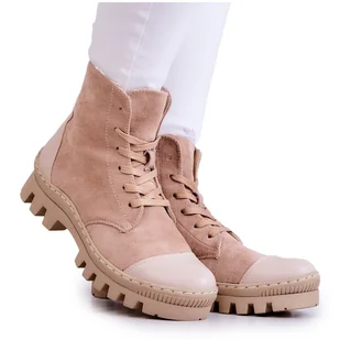 S.Barski Damskie Zamszowe Botki Trapery Beżowe Margot beżowy - Botki damskie - miniaturka - grafika 1