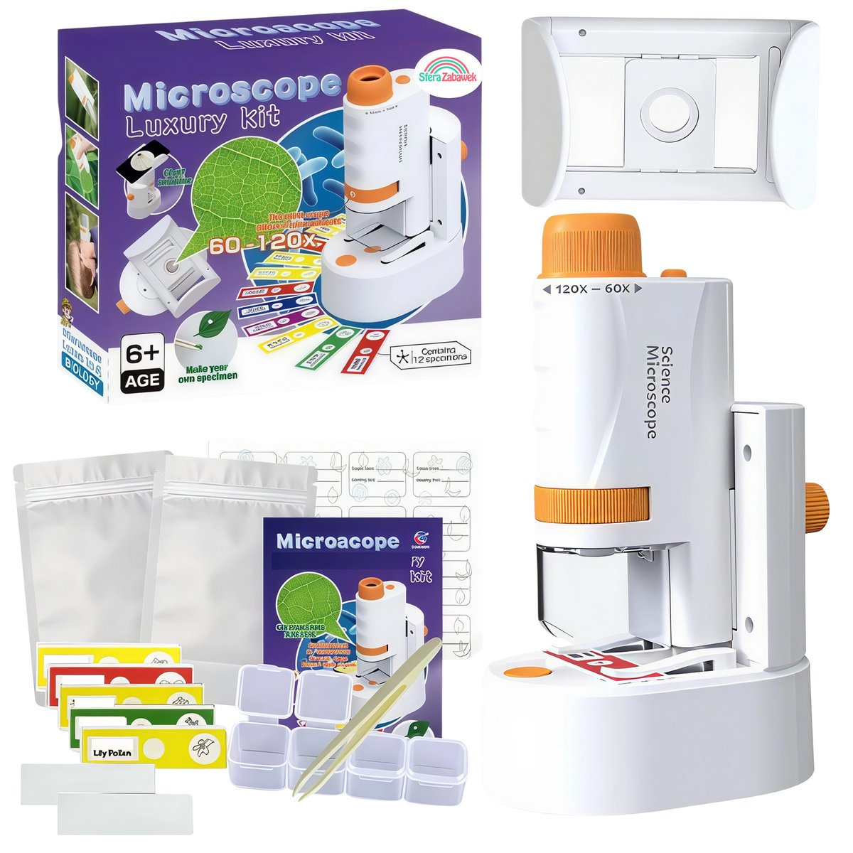MIKROSKOP DLA DZIECI Zestaw Naukowy LED 120x PREPARATY Edukacyjny zdjęcia w Smartfon PREZENT 6+