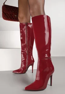 Bordowe Lakierowane Kozaki na Szpilce z Marszczeniem Acarrive - Kozaki damskie - miniaturka - grafika 1