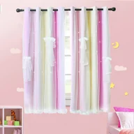 Firany i zasłony dla dzieci - Zasłony z oczkami Zestaw 2 zasłon Sypialnia Pokój dziecięcy Dziewczęta Zaciemniająca nieprzezroczysta zasłona z wydrążoną gwiazdą i woalem, 1,3 * 2,43 m, żółty + różowy - miniaturka - grafika 1