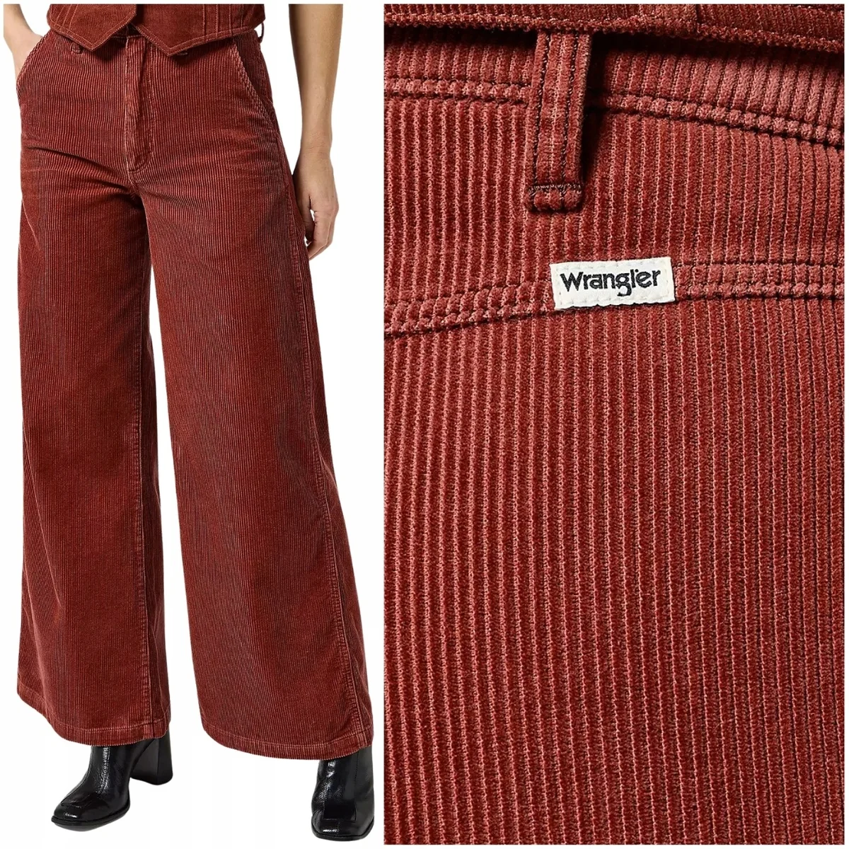 Wrangler Trouser Madder wysokie luźne szerokie damskie spodnie sztruksy W30