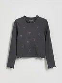 Bluzki dla dziewczynek - Reserved - Prążkowana koszulka z haftem - ciemnoszary - miniaturka - grafika 1