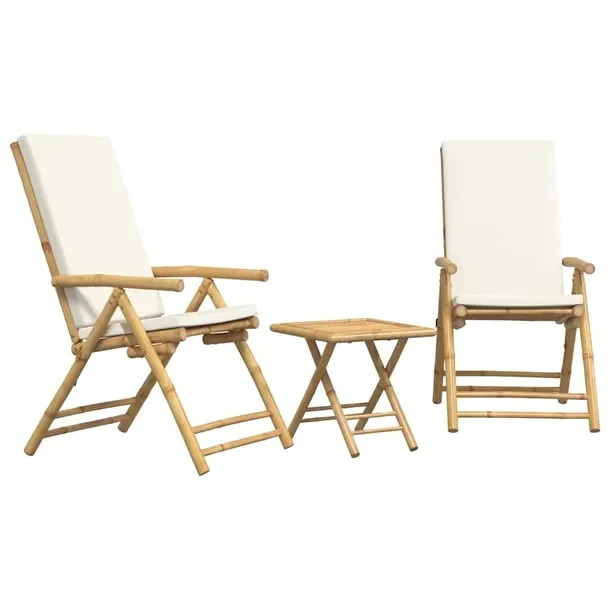 Zestaw mebli bistro z bambusa z kremowymi poduszkami, stół 45x45 cm, krze