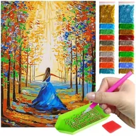 Malowanie po numerach - Haft Diamentowy ARTULIO, Obraz DIY 5D, Diamond Painting, Mozaika diamentowa 30x40cm (Kobieta w jesiennej alei drzew) + zestaw akcesoriów - miniaturka - grafika 1