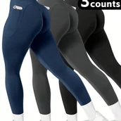 Inne - TEMU 3-pakowa legginsów z wysokim stanem i kieszeniami dla kobiet - poliamid 92% 8% materiał sportowy, średni rozciągliwość, jednokolorowe, krótki - miniaturka - grafika 1