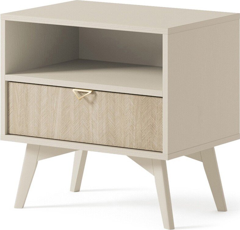 BETTSO Stolik nocny szafka nocna z szufladą i półką nowoczesny design złote uchwyty FIRR Piaskowy beż + wzór w jodełkę