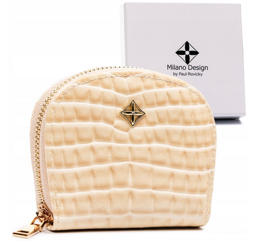 Portfel eko damski Milano Design mała portmonetka croco na karty, beżowy