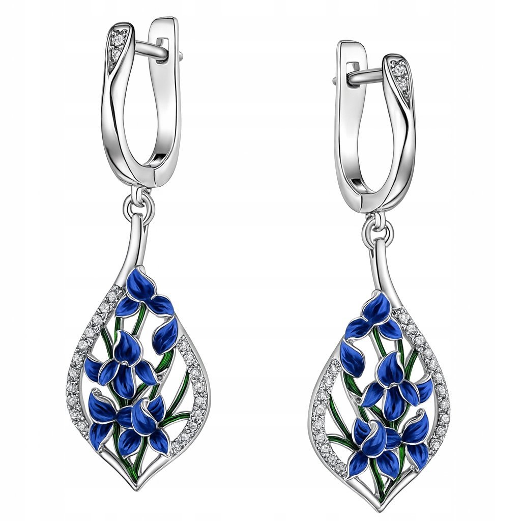 Kolczyki z mosiądzu damskie niebieskie kwiaty z cyrkoniami wiszące mosiądz