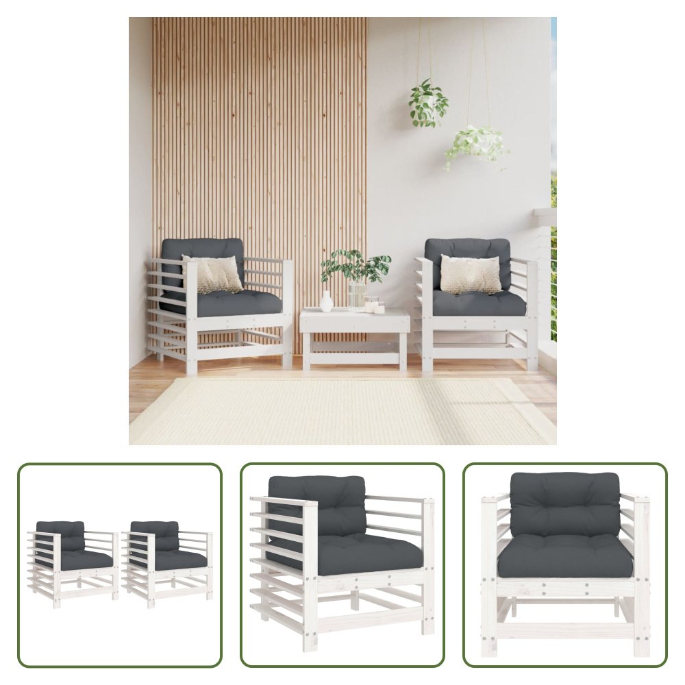 The Living Store Krzesła ogrodowe z poduszką 2 szt. Białe lite drewno sosnowe