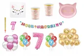 Miseczki i talerzyki dla dzieci - Zestaw Kotek 7 Urodziny Balony Talerzyki Kubeczki Baner świeczka fontanna - miniaturka - grafika 1