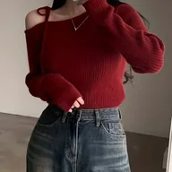 Swetry damskie - TEMU Elegancki Sweter Damski w Stylu Koreańskim z Długim Rękawem i Okrągłym Dekoltem, Średnio Gruby i Ciepły, Słodki i Zmysłowy Casualowy Top - miniaturka - grafika 1