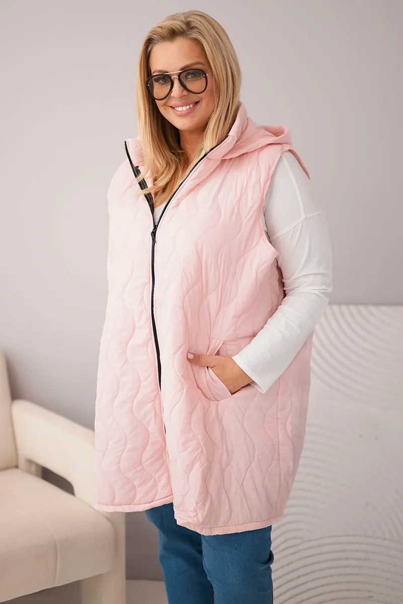 Kamizelka damska Plus Size pikowana z kapturem cukierkowy róż