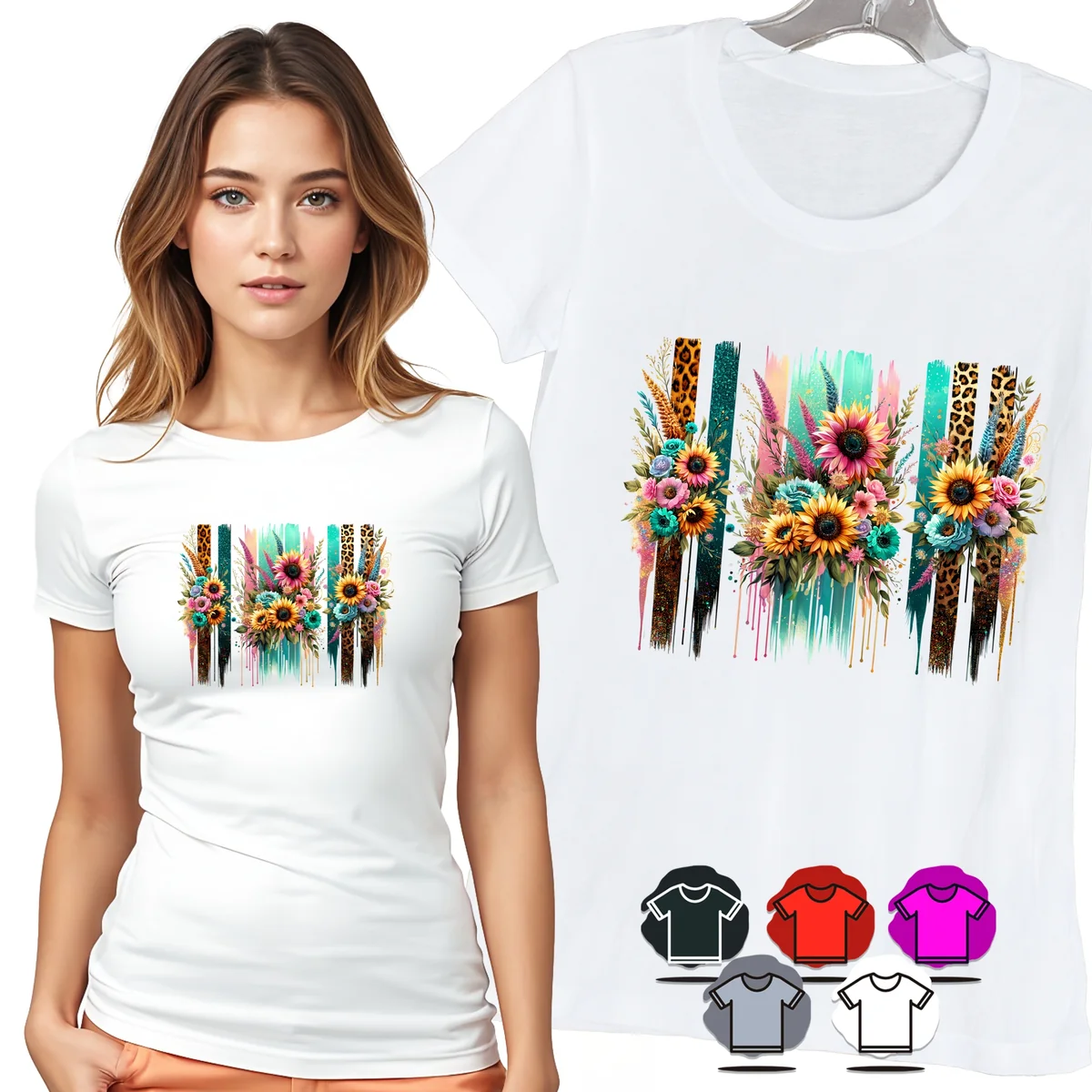KOSZULKA DAMSKA T-SHIRT - SŁONECZNIKI PANTERKA PASKI DAMSKI WZÓR MODNY - XS