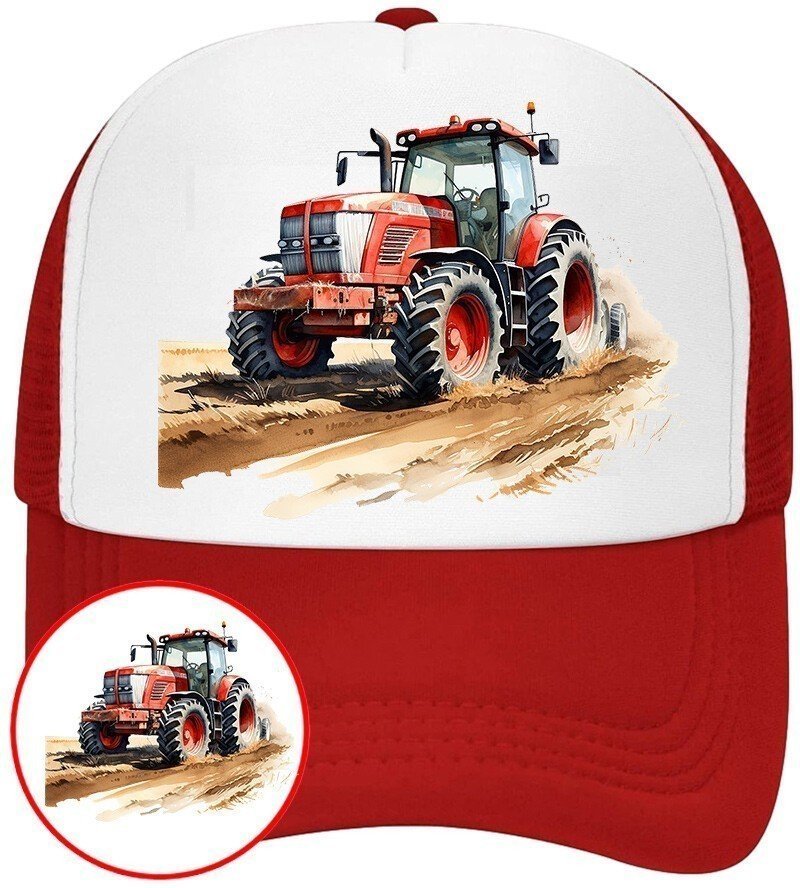 Czapka z Daszkiem Traktor Czerwona z Nadrukiem Na Lato Siatka Bejsbolówka