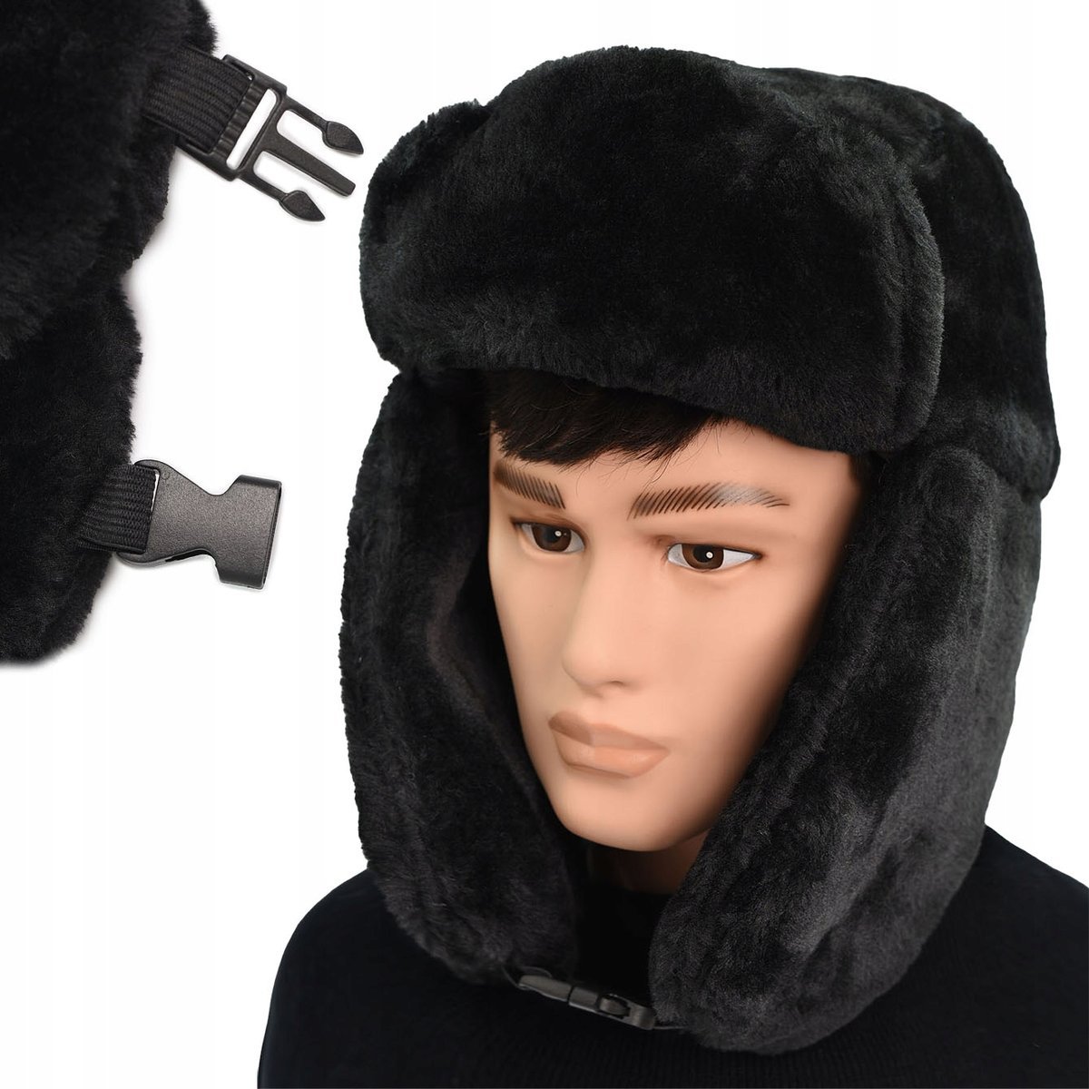 Czapka zimowa USZATKA futerko puszysta ciepła CZARNA