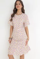 Sukienki - Beżowa Pudełkowa Sukienka w Kwiaty z Falbanką Temrance - miniaturka - grafika 1