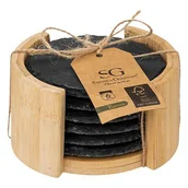 Pozostałe akcesoria kuchenne - Zestaw 6 podkładek pod szklanki łupek z organizerem czarny - miniaturka - grafika 1