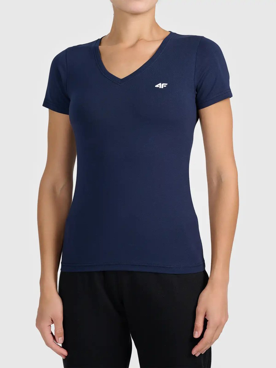 T-shirt basic z dekoltem typu serek damski 4F 4FWMM00TTSHF3307-31S Niebieski XS