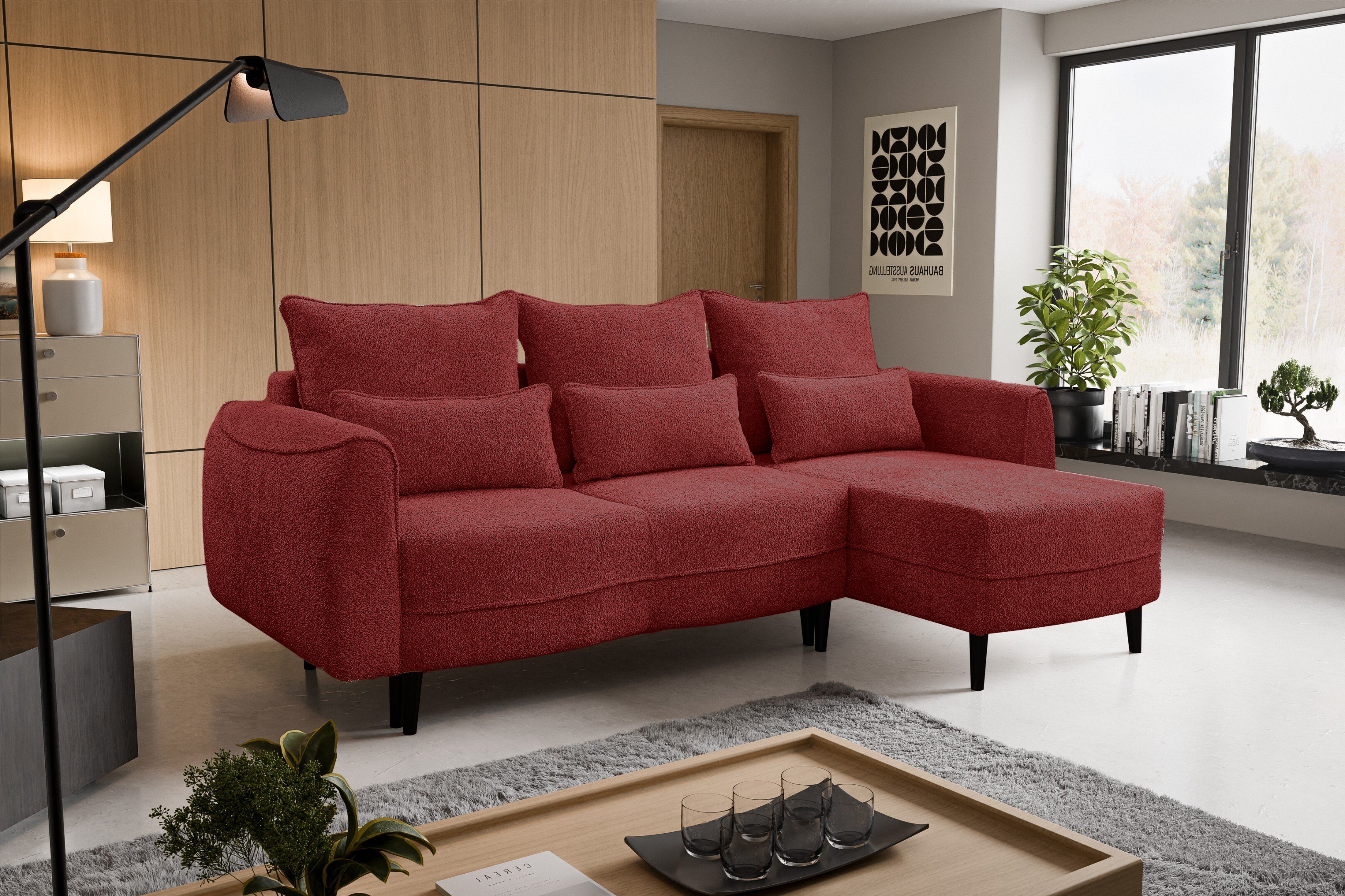 Selio narożnik z funkcją spania i pojemnikiem na pościel Bordowy Prawy