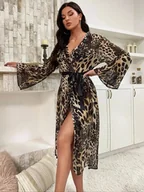 Szlafroki damskie - Długi szlafrok damski w panterkę - Brązowy - miniaturka - grafika 1