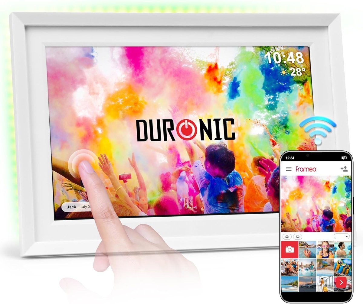 Duronic Frameo PF2A WE Ramka cyfrowa na zdjęcia i filmy Wi-Fi rotacyjna elektroniczna ramka na zdjęcia wysoka rozdzielczość 1280 x 800 Ekran dotykow..