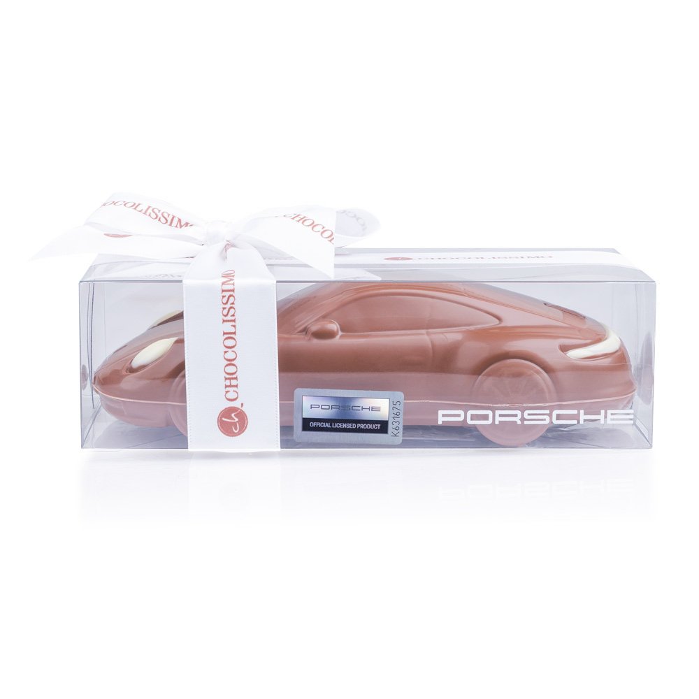 Świąteczne Porsche 911 Carrera z mlecznej belgijskiej czekolady w pudełeczku ze wstążką licencją figurka 3D 4,4 x 6,2 x 15,2 cm prezent na święta Mi..