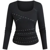 Bluzki damskie - TEMU Damski Ribbed Jednokolorowy Krzyżujący Się Pasek Okrągły Dekoltz Long Sleeve Dopasowany Casual Uroczy Zabawny T-Shirt - miniaturka - grafika 1