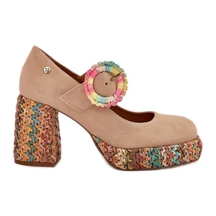 Zamszowe Czółenka Z Plecionką Na Słupku I Platformie Maciejka 06839-04 Beżowe beżowy - Czółenka - miniaturka - grafika 1