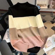 Swetry damskie - TEMU Damski elegancki sweter z blokami kolorów - stylowy sweter z paskami w paski w odcieniach beżu, brązu i różu, okrągły dekolt, długie rękawy, - miniaturka - grafika 1
