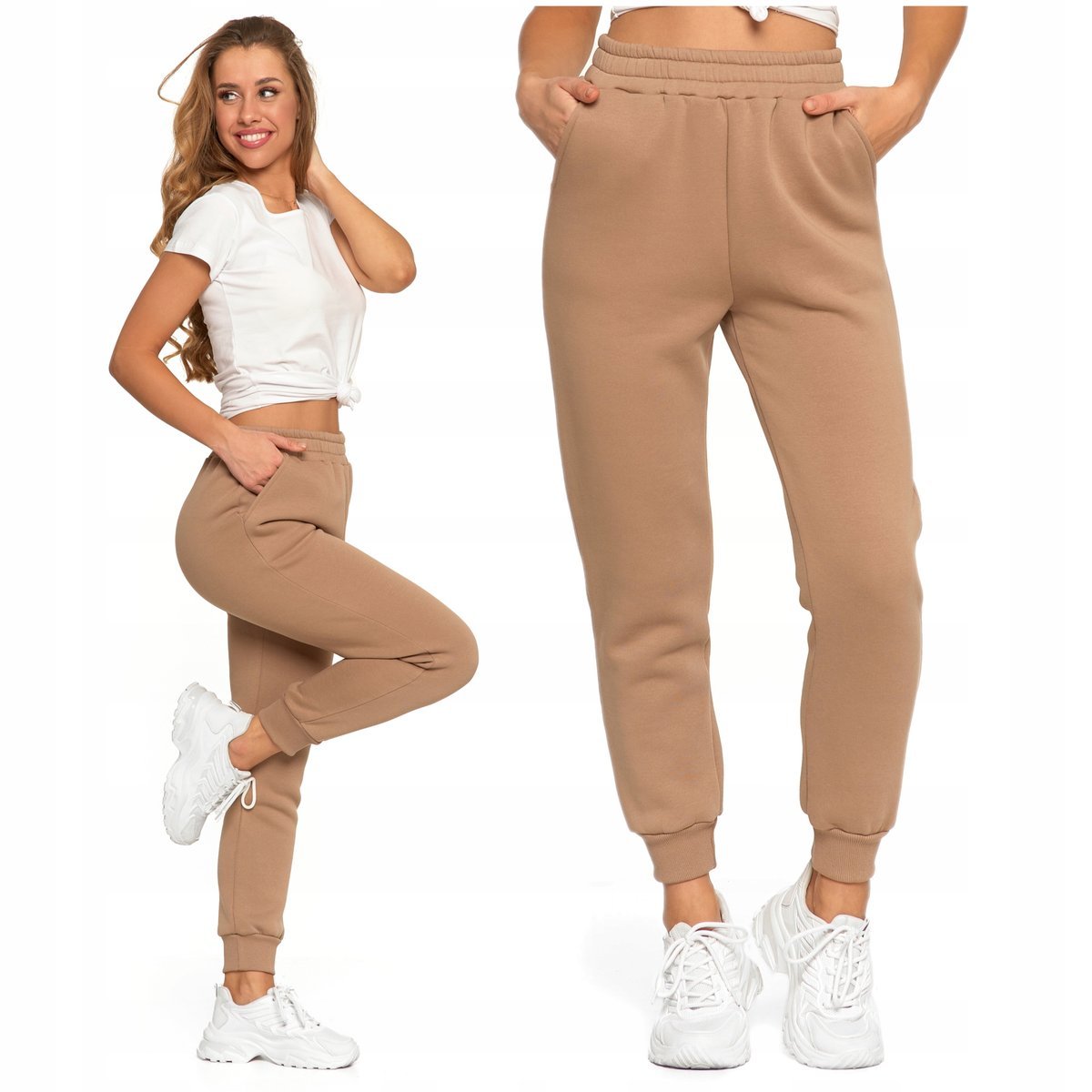 Ocieplane Spodnie Dresowe Damskie MORAJ Wysoki Stan Kieszenie Gładkie L