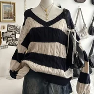 Swetry damskie - TEMU Elegancki Sweter w Paski dla Kobiet - Miękki Sweter z Długim Rękawem na Każdą Porę Roku, Luźny Krój od Casual po Biznesowy, - miniaturka - grafika 1