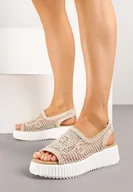 Sandały damskie - Beżowe Sandały na Tłoczonej Podeszwie z Ażurową Cholewką Tanalisse - miniaturka - grafika 1