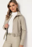 Kurtki damskie - Beżowa Kurtka Ramoneska z Ekoskóry z Paskiem w Talii Mevarela - miniaturka - grafika 1