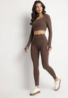 Komplety damskie - Brązowy Komplet Sportowy Legginsy i Bluzka z Odkrytymi Plecami Dasalla - miniaturka - grafika 1