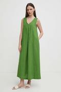 Sukienki - United Colors of Benetton sukienka lniana kolor zielony maxi rozkloszowana - miniaturka - grafika 1