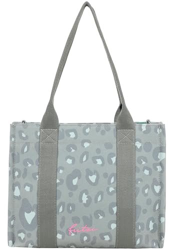 Fritzi Tote Shopper Medium Leo Canvas damska torebka na zakupy, festiwal, miasto, wegańska, nadruk w panterkę, zamek błyskawiczny, 26 x 33 x 14 cm – różowa, zielona, beżowa, zielony