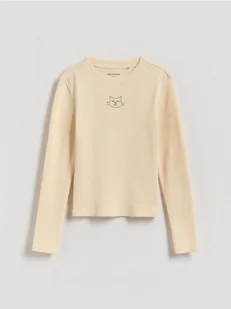 Reserved - Prążkowana bluzka z aplikacją - kremowy - Bluzki dla dziewczynek - miniaturka - grafika 1
