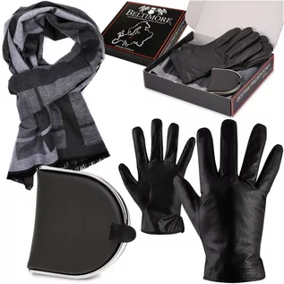 Rękawiczki - Zestaw męski skórzany Beltimore portfel szalik rękawiczki czarny - grafika 1