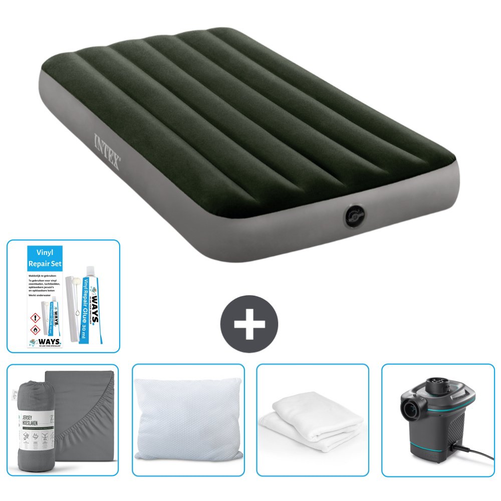 Dmuchane łóżko Intex - 1 osoba - 99 x 191 x 25 cm - zielone - w zestawie prześcieradło - pocałunek - pompka - zestaw naprawczy en ochraniacz na poduszkę