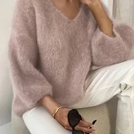 Bluzy damskie - TEMU Elegancki Sweter Damski z Dekoltem w Serek - Miękki Różowy Pastel, Zimowa Bluza 3/4 rękawek Luźny Fason Jednokolorowe Okrycie na Jesień i Zimę - miniaturka - grafika 1
