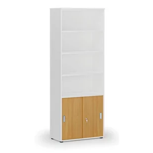 Szafa biurowa kombinowana PRIMO WHITE, drzwi przesuwne na 2 poziomach, 2128 x 800 x 420 mm, biały/buk - Szafy biurowe - miniaturka - grafika 1