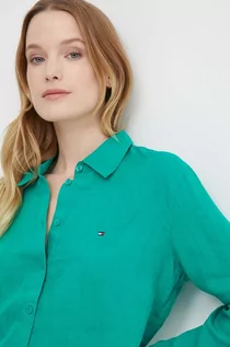 Koszule damskie - Tommy Hilfiger koszula lniana kolor zielony relaxed z kołnierzykiem klasycznym WW0WW42037 - grafika 1