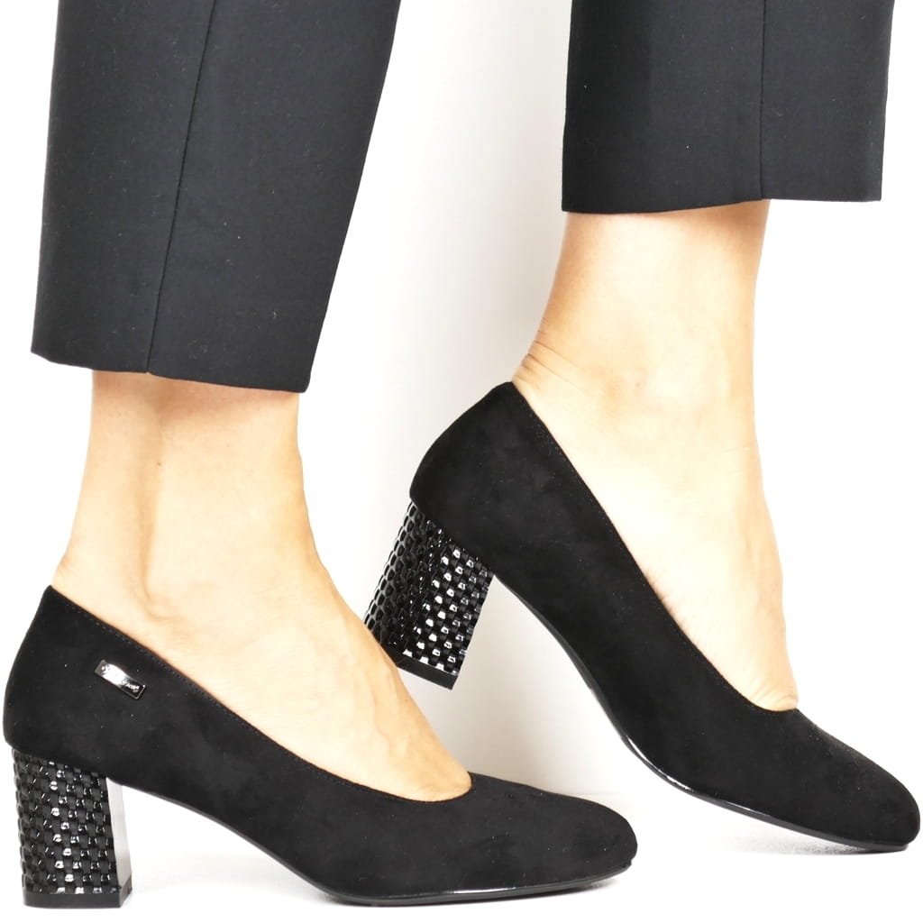 CZÓŁENKA PÓŁBUTY NA SŁUPKU SERGIO LEONE PB178 CZARNE ZAMSZOWE OBCAS KARBOWANY