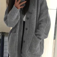 Swetry damskie - TEMU Damski sweter z dekoltem w serek, jednorzędowy, na co dzień Kardigan w jednolitym kolorze na jesień/zimę z detalami na guziki - miniaturka - grafika 1