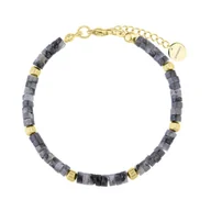 Bransoletki - Damska delikatna bransoletka z szarym larvikitem i złotymi elementami - Manoki - miniaturka - grafika 1