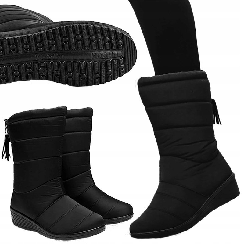 BUTY ZIMOWE OCIEPLANE ŚNIEGOWCE WODOODPORNE CZARNE TRAPERY BOTKI ZA KOSTKĘ