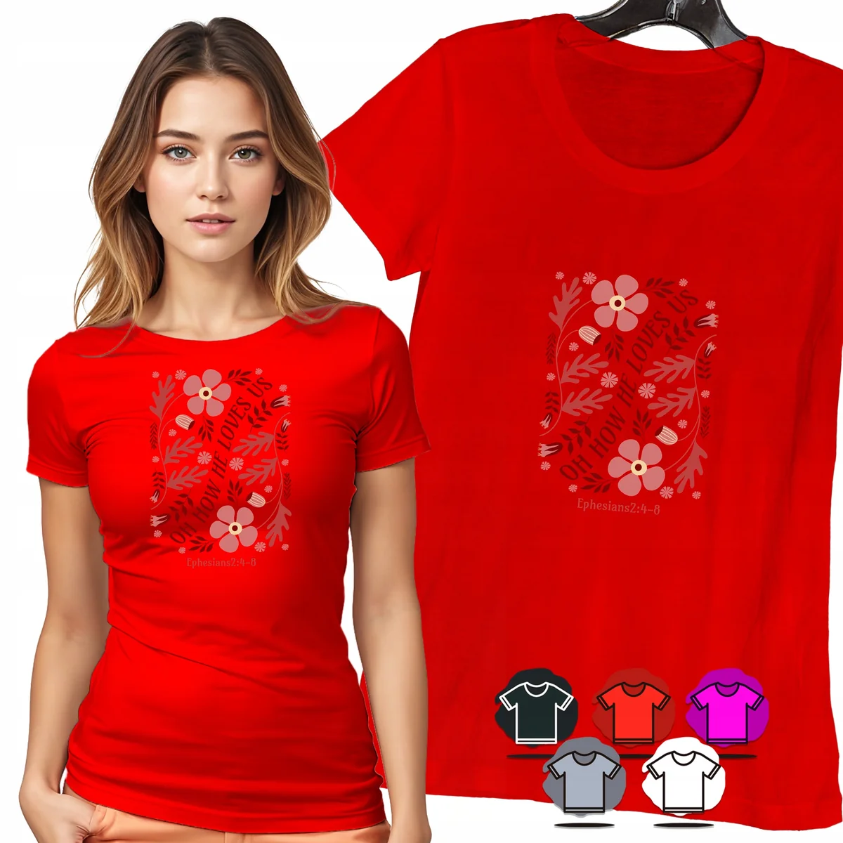 KOSZULKA DAMSKA T-SHIRT - KWIATY OH HOW HE LOVES US WIARA DLA NIEJ - M