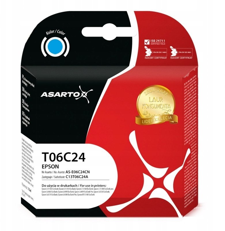 Tusz Asarto Do Epson T06C24 C13T06C24A 70ml Cyan AS-E06C24CN