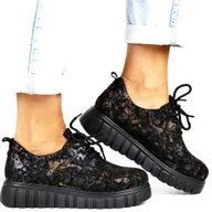 Półbuty damskie - SNEAKERSY SKÓRZANE NA GRUBEJ PODESZWIE 6846 CZARNE KWIATY - miniaturka - grafika 1