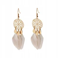 Kolczyki - Kolczyki pióra piórka białe długie łapacz snów delikatne przekładane złote - miniaturka - grafika 1